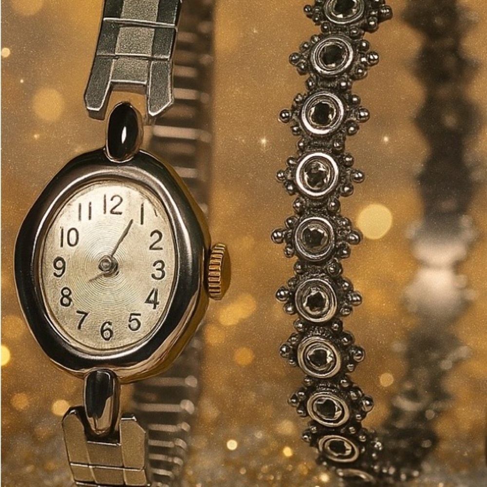 Vintage Timex Watch with Patina + Glam Stacked Bracelet Set